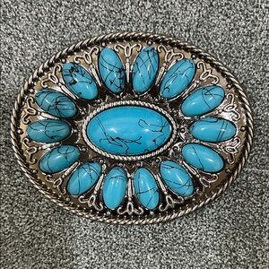Turquoise and Silver Oval Belt Buckle
